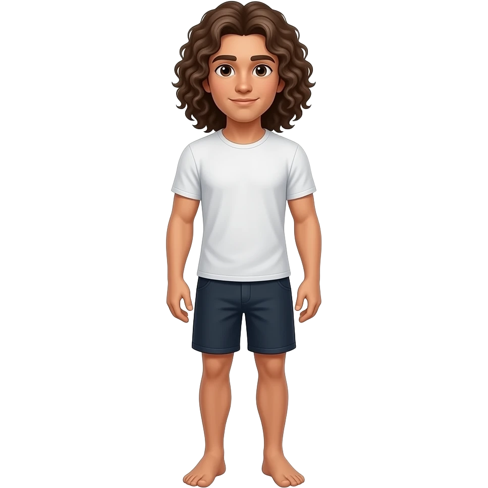 Hazme con el cuerpo entero de pie un chico con pelo rizado largo hacia abajo, ojos marrones, boca y nariz mediana. Bajito de constitución un poco fuerte un poco bronceado, camiseta y pantalon corto emoji