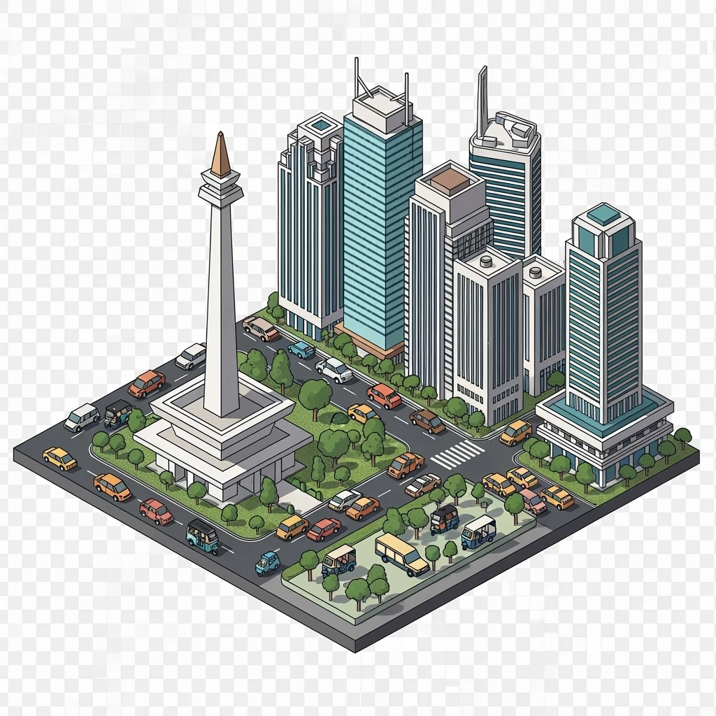 Isometric minimalistic illustration of Jakarta Monas (National Monument), Istiqlal Mosque, skyscrapers of Sudirman CBD, bustling streets with traffic and tuk-tuks, subtle 3D miniature effect and Tilt Shift effect, no cartoonish look, transparent background. emoji