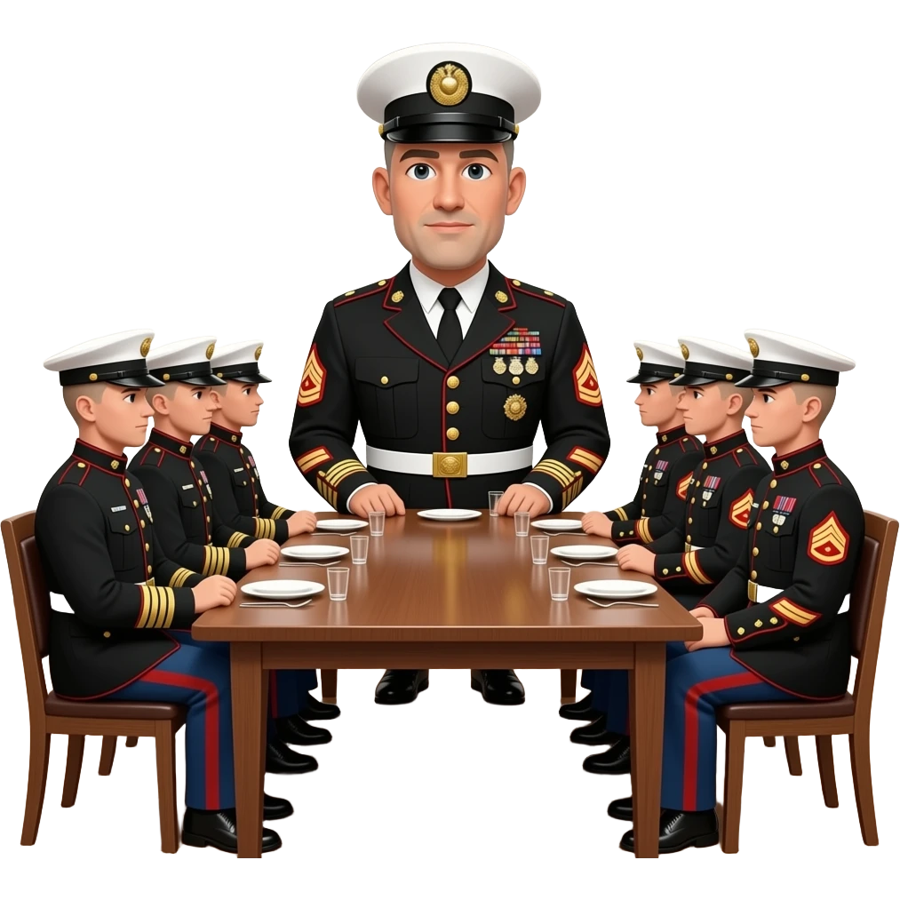 12 Marines meeting at a table lead by a big eared marine emoji