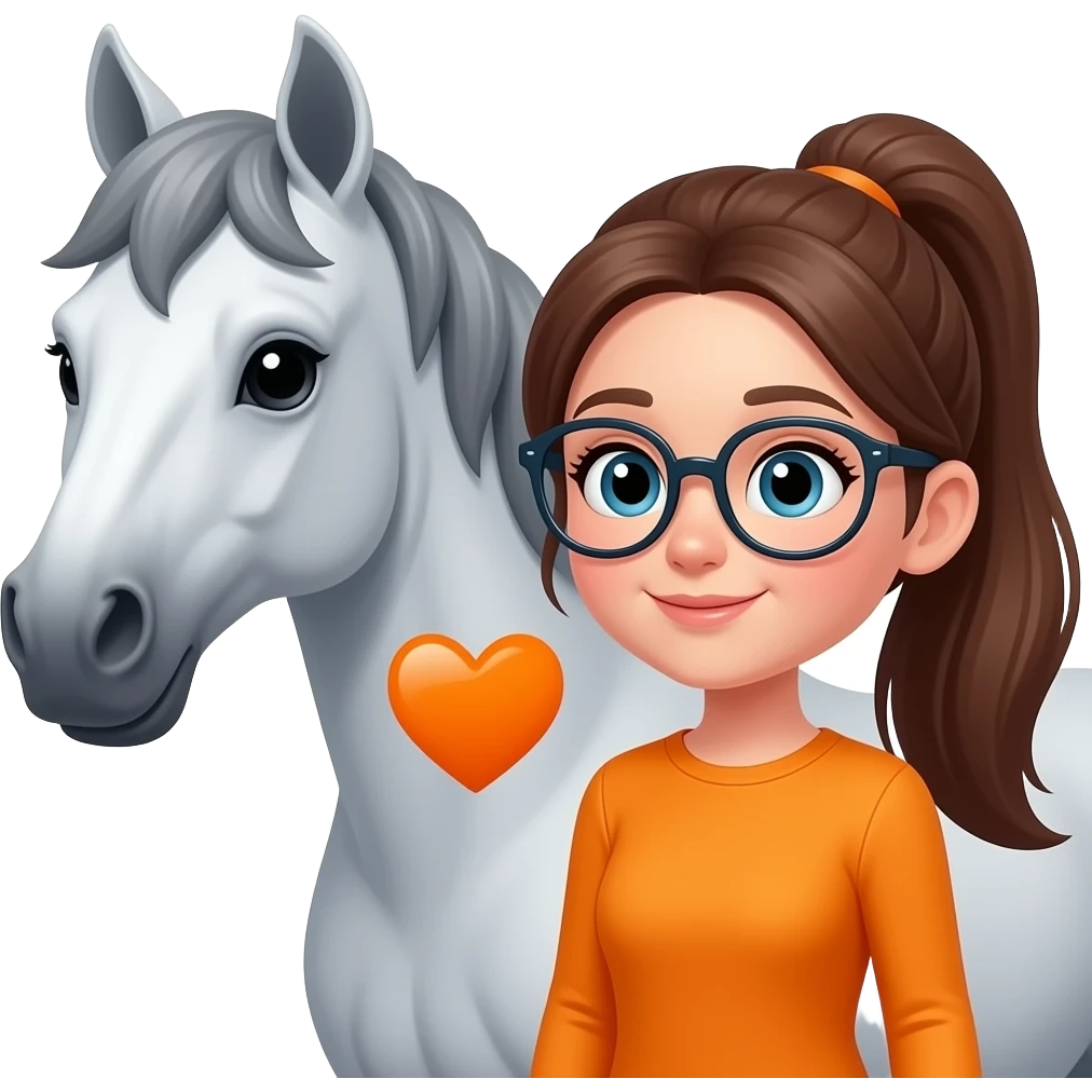 I would like any emoji with a gray horse and a girl with glasses and a long brown ponytail in long sleeve Orange with an orange heart in between them emoji