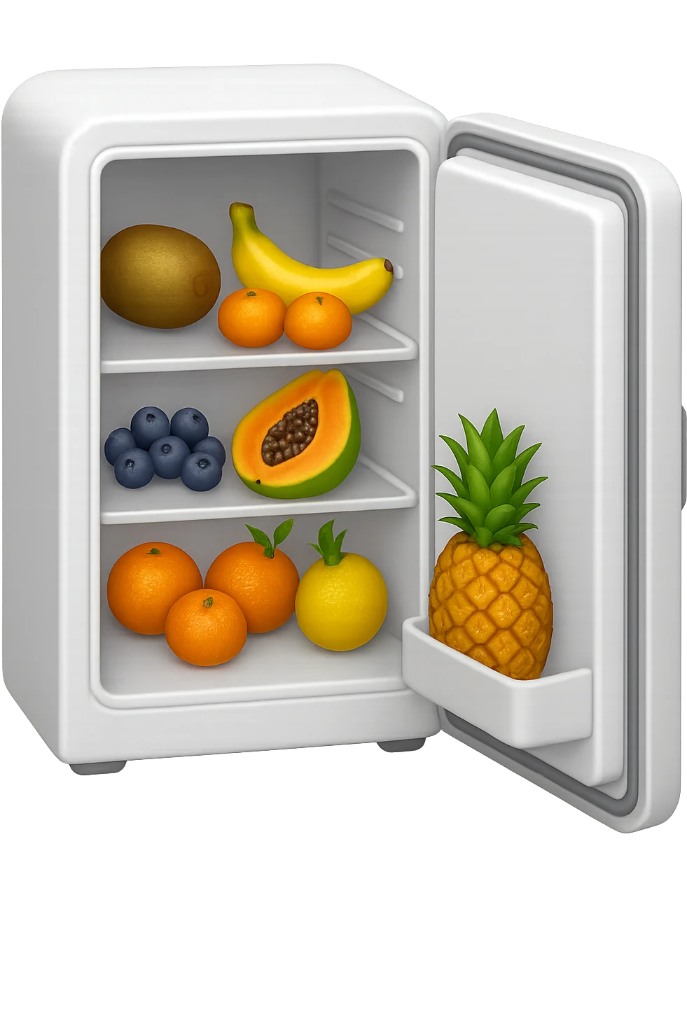 emoji stile iphone di un frigo aperto con dentro ben visibili questi alimenti: Kiwi
Banana acerba
Arance e mandarini
Mirtilli
Ananas
Papaya
IPERREALISTICO 4K emoji