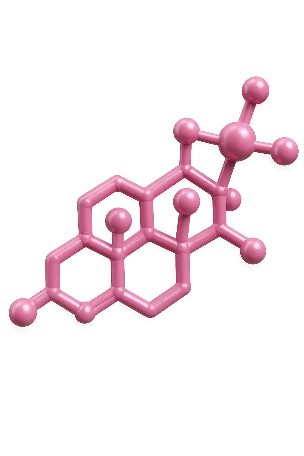molecola chimica del cortisolo in 3d, colore rosa, fluttua in aria, iperrealistica 4k emoji