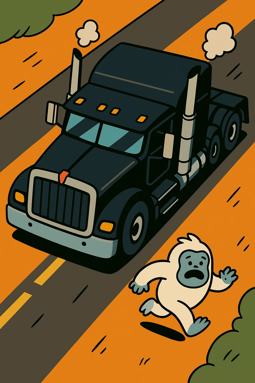 Place the tiny abominable snowman directly on the road in front of the black 2026 Kenworth W680 flat top semi sleeper, top-down cartoon style, no text. The style should be a top-down cartoon style, colorful and playful, with no text. emoji