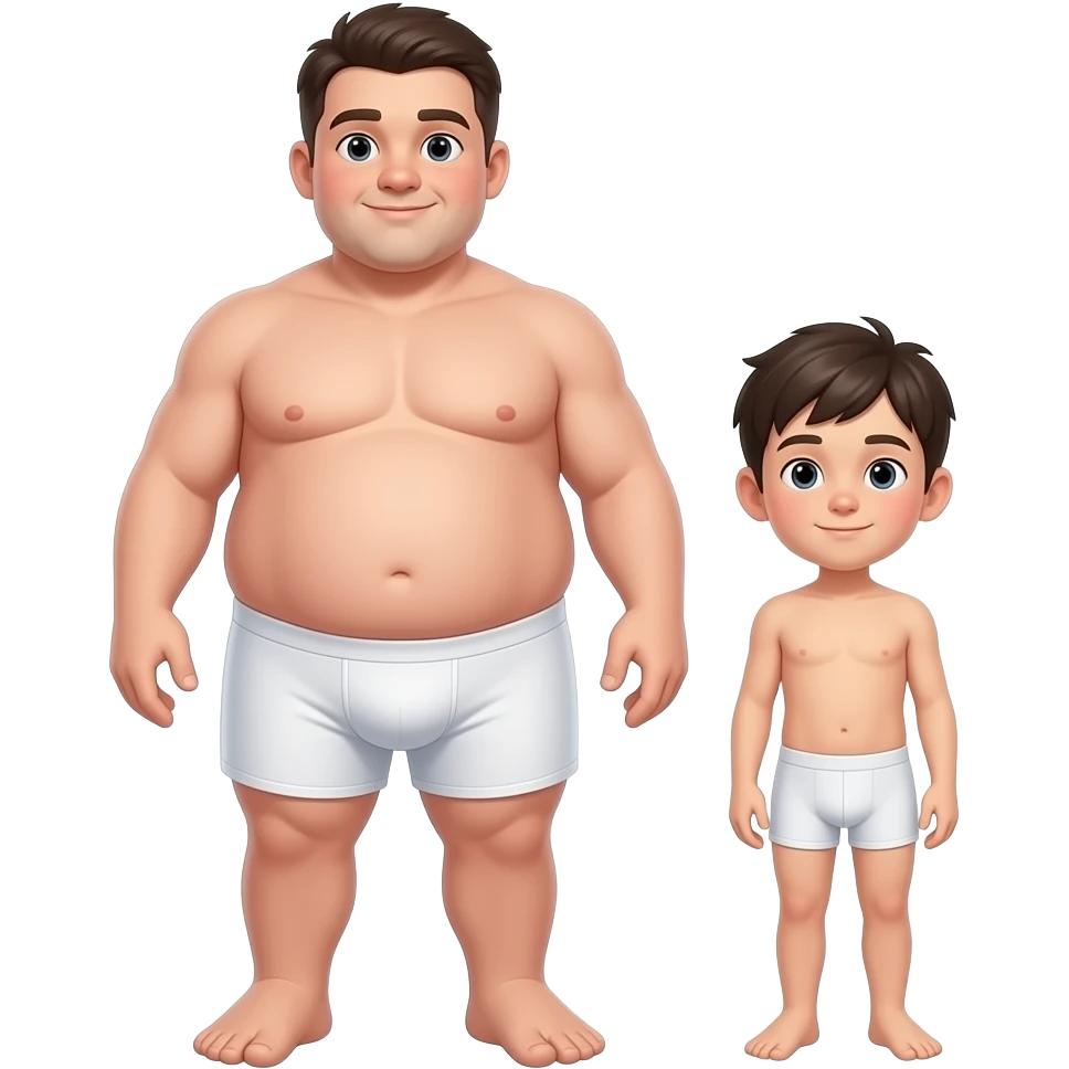 Strong tall wide fat kid, large dick, large feet, large dick, full body, fat, boy in white boxers, standing next to a short weak thin boy tiny dick underwear 🩲 emoji