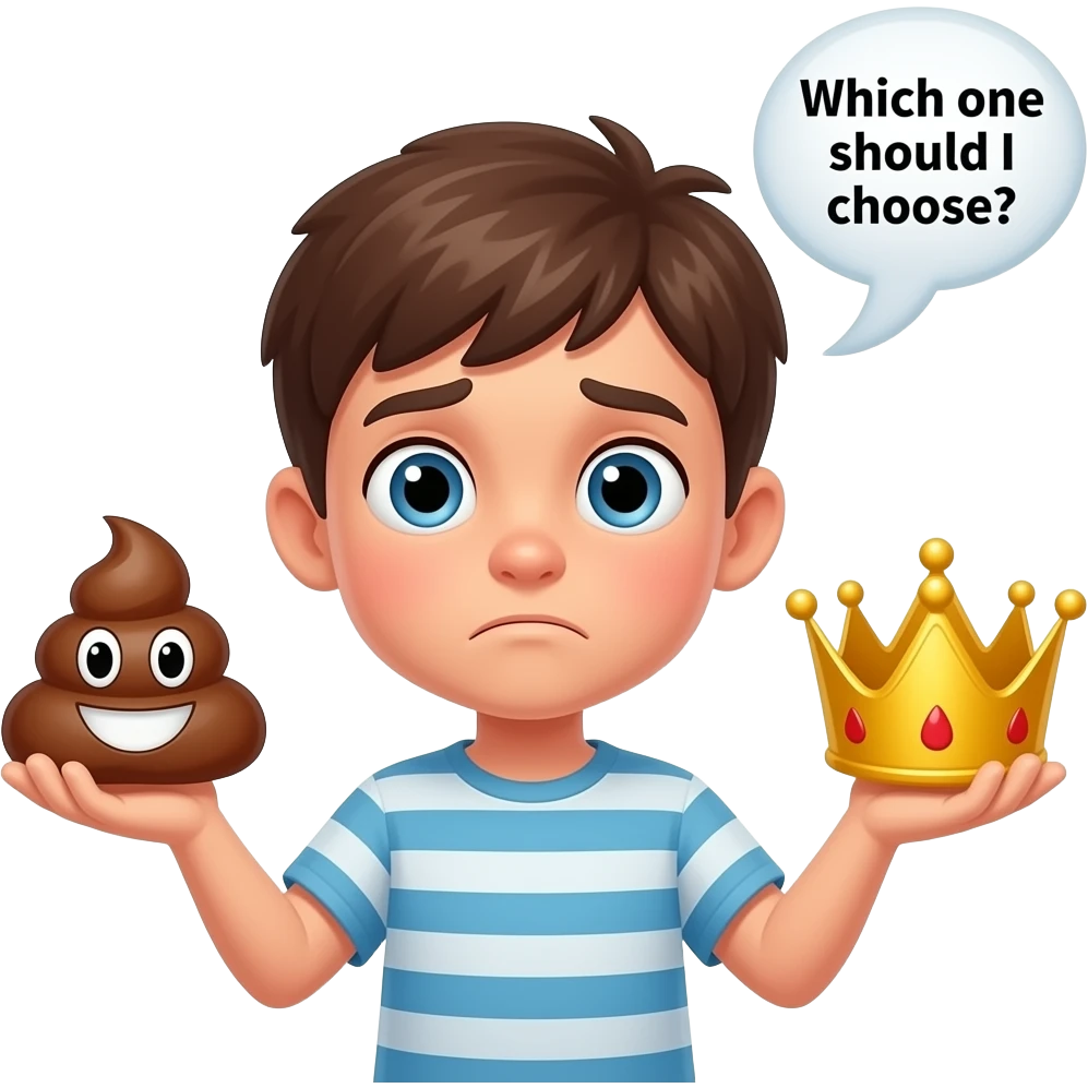 MAKE AN EMOJI AN BOY IN ONE HAND POOP IN ONE HAND CROWN . AND THINING WHICH ON ESHOULD HIM CHOOSE AND CONFUSING. MAKE HIM SAYIN WHICHONE HSOULD I CHOOSE . emoji
