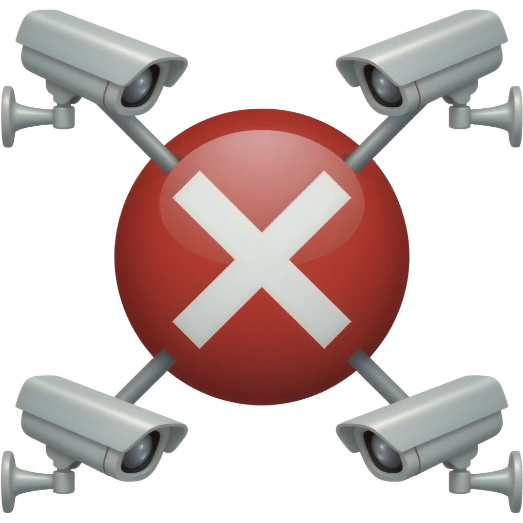 Red filled circle with white X, CCTV on end points of X emoji