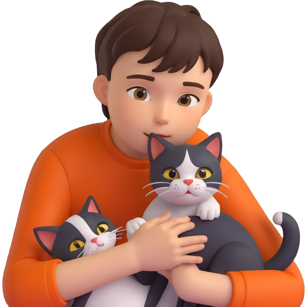 boy and cat pet in forrest background, close up pose emoji