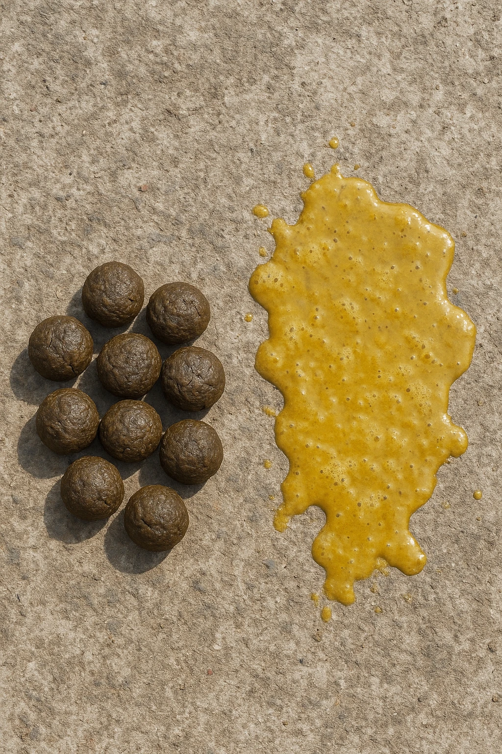 feci di animale a palline viste dall'alto e feci di animale liquide e gialline viste dall'alto, iperrealistico 4k emoji