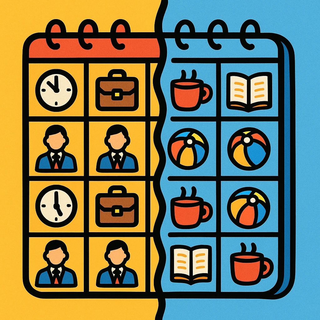 vibrant playful illustration style of a calendar split in half with one side showing meetings and the other side showing leisure activities emoji
