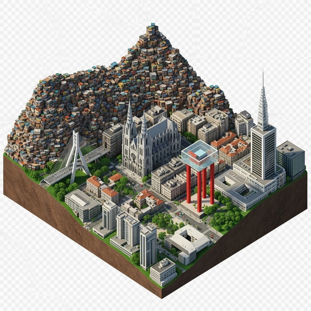 Isometric miniature of São Paulo Catedral da Sé, MASP on red pillars, Octávio Frias Bridge, and Altino Arantes building, favelas on hillsides, dense chaotic urban blocks, and green parks 3D miniature effect and Tilt Shift effect, no cartoonish look, transparent background. emoji