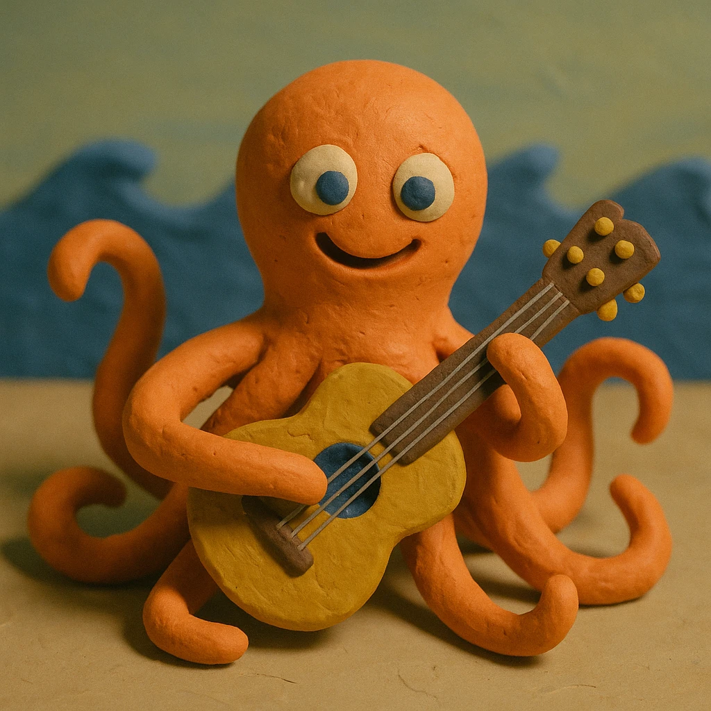 happy octopus with multiple arms playing guitar emoji