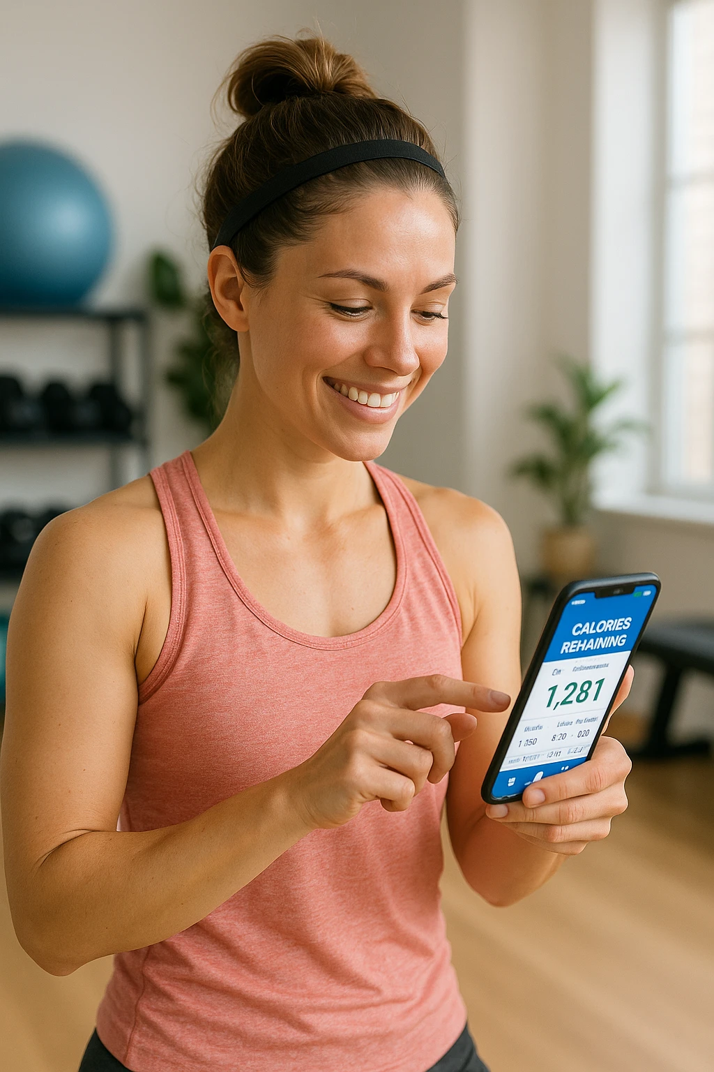 Donna sportiva che usa app contacalorie come myfitnesspal emoji