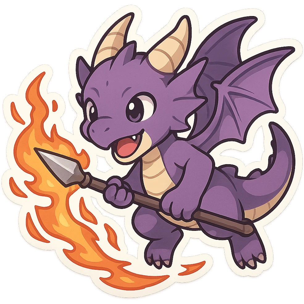 purple dragon in chibi anime style, wielding a spear engulfed in flames, action scene, playful emoji