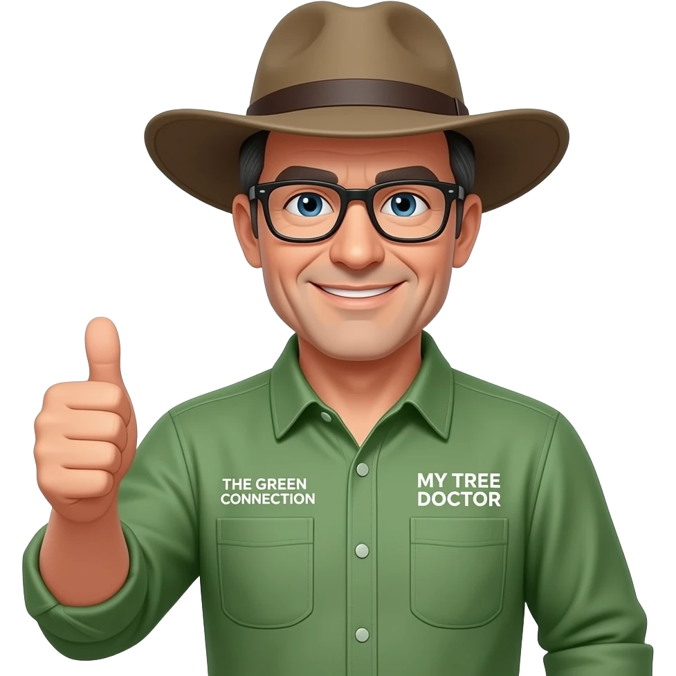 middle-aged, black & grey coloured hair man. Blue eyes, dark-rimmed, narrower rectangle glasses, in a green-collared, long-sleeve shirt with two top pockets & a wide-brim hat. Giving a thumbs up. On left pocket 'THE GREEN CONNECTION' in white. On right shirt pocket, written 'MY TREE DOCTOR' emoji