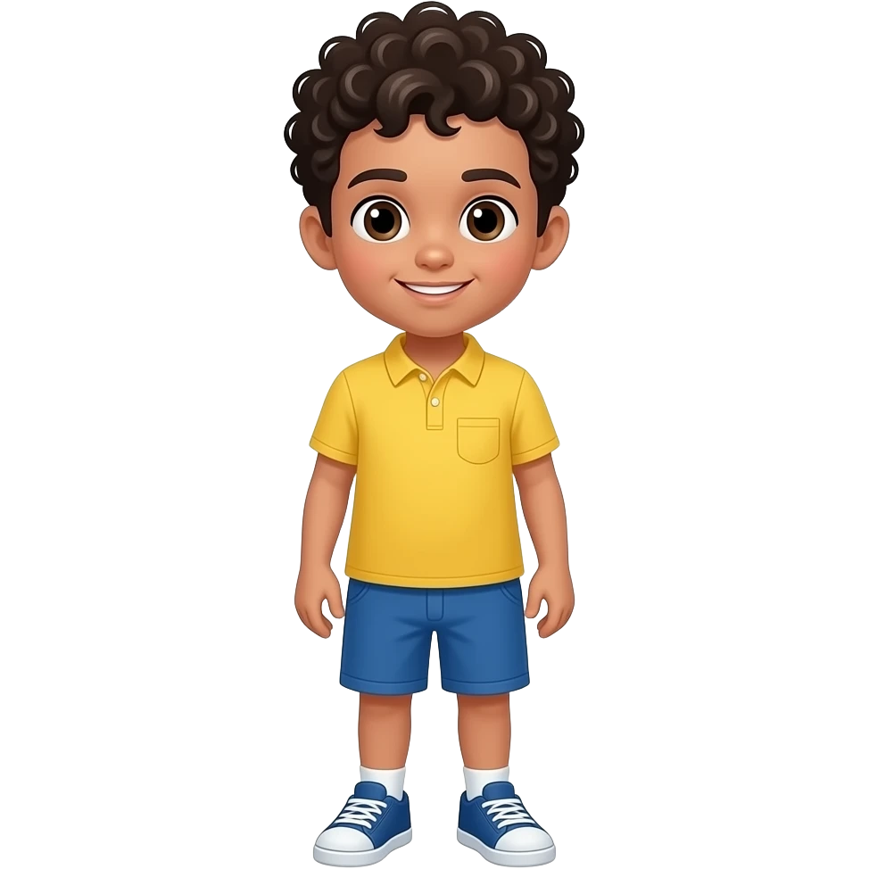 CREATE A BOY FULL BODY A YELLOW SHIRT AND BLUE SHORTS MAKE HIM HAVE CURLY SHORT BLACK HAIR AND MAKE HIM WHITE SKI\N emoji