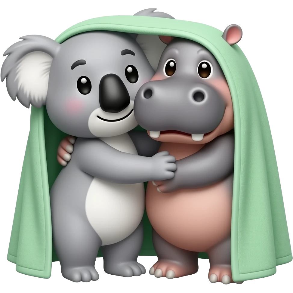 koala and hippo hugging under light green towel  wrapped around them  realistic emoji not cartoon emoji