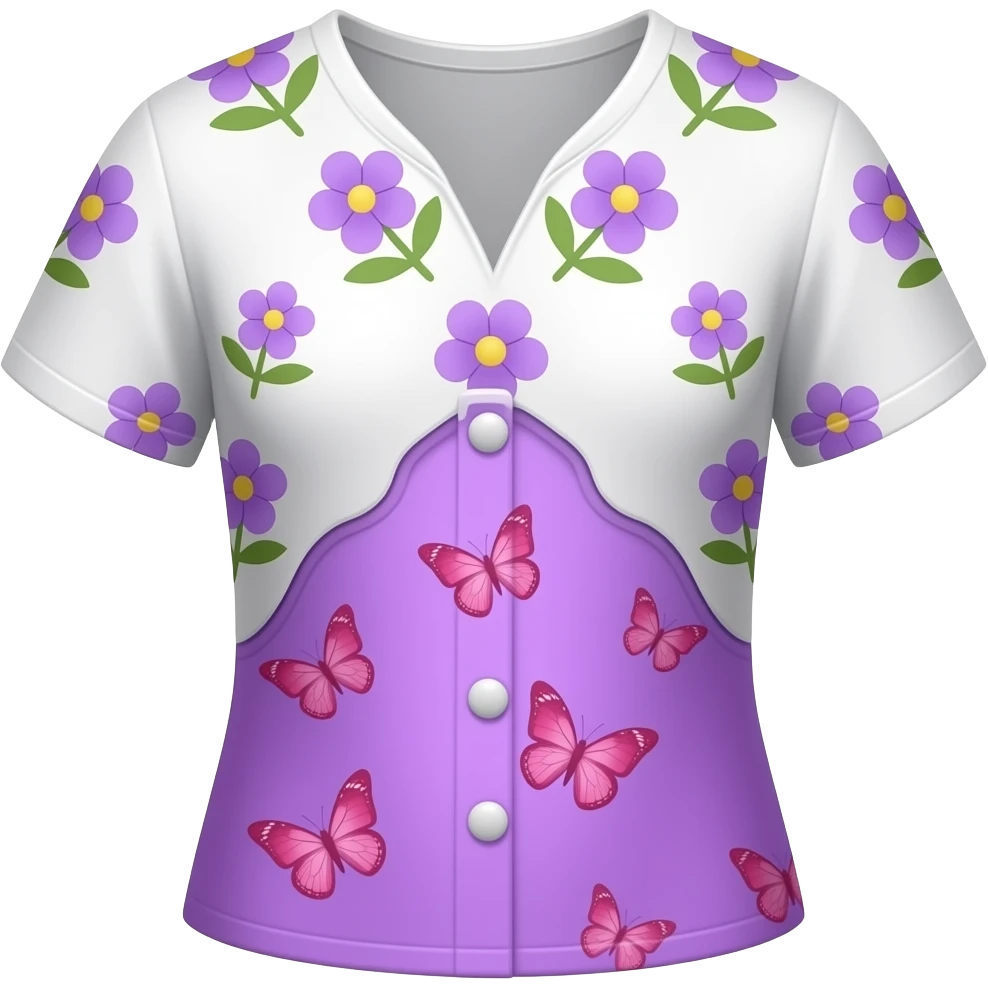 vestido de vuelo parte del torso blanco con flores violetas y la parte inferior con tablas violeta con mariposas rosas emoji