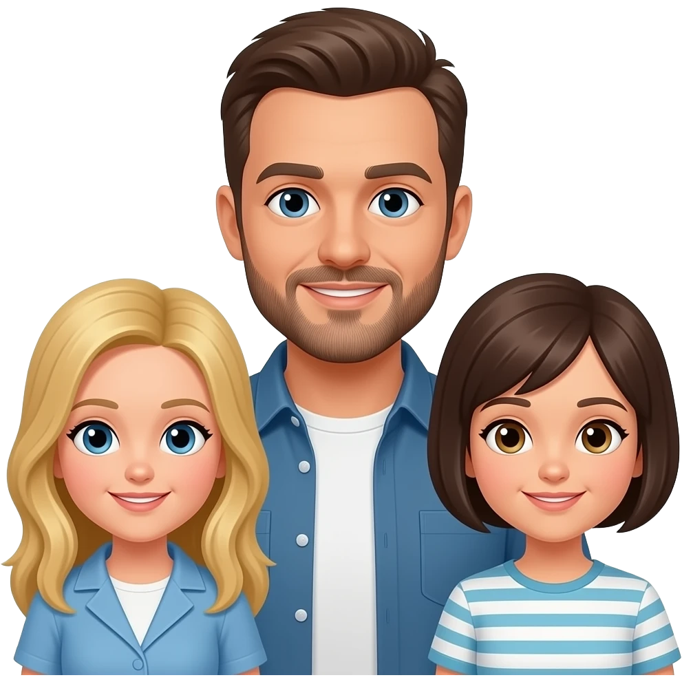 un hombre con barba y con poco pelo con dos niñas una  niña pelo ruvio y  largo y otra de pelo corto emoji