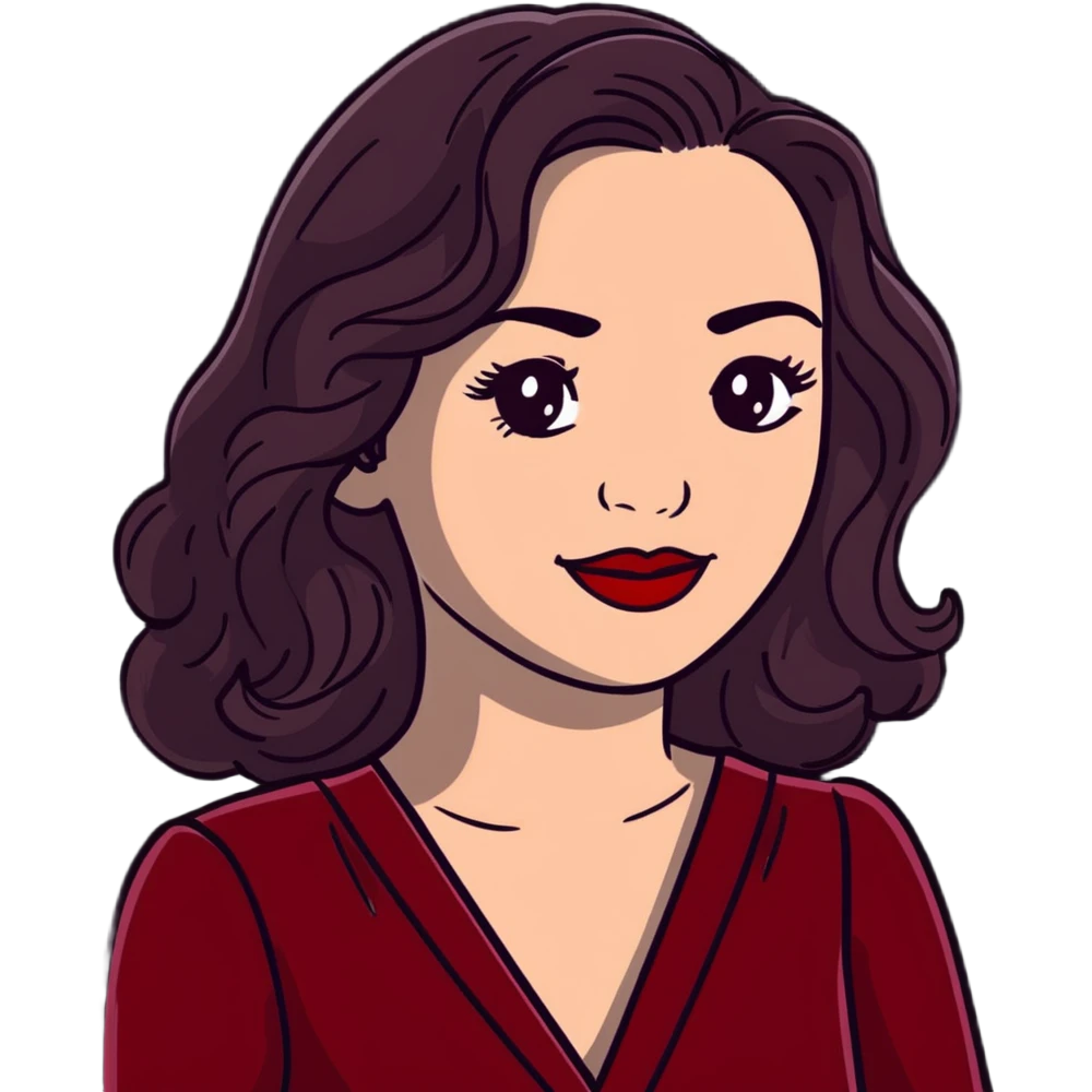 Elegant high-profile woman with glowing fair skin, long dark straight hair with soft waves, large dark eyes with dramatic makeup, defined eyebrows, full red lipstick, wearing wine red velvet dress with V-neckline, glamorous confident smile emoji