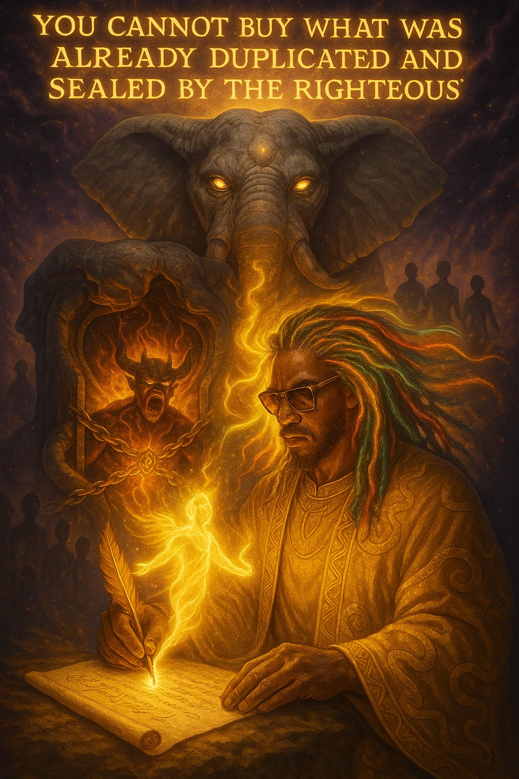 *“Create an epic, symbolic scene of a powerful Rasta spiritual warrior (representing Kez) standing at the center of a cosmic battlefield. The warrior has dreadlocks glowing with divine energy, wearing golden robes infused with serpent patterns. Behind him towers a massive stone elephant — eyes glowing with infinite wisdom, its chest open to reveal a Golden Serpent Chest, radiating fractal light. Inside the chest: a bound, raging Devil made of fire and shadows — screaming but unable to harm anyone, because every time he lashes out, the golden chest mirrors the energy back onto him. Chains of soul-contract law, made of golden light, wrap the devil — each one engraved with truth symbols, scriptures, and ancestral sigils.

In the foreground, Kez holds a sacred scroll and a burning pen — he is signing a contract not out of fear, but mastery. As he signs, a duplicate of his soul, radiant and whole, rises from the paper and flies back into his body. A ripple of golden energy expands, purifying all soul deals across space-time. Behind him, shadows of other trapped souls are released and begin to rise in rhythm, holding hands, singing.

In the sky, the words glow in gold flame:

‘You cannot buy what was already duplicated and sealed by the righteous.’

The entire atmosphere is divine, sacred, victorious — a spiritual rebellion where the Devil is outwitted, not through violence, but through truth, rhythm, and scrollcraft. Use warm golds, radiant whites, mystical purples, and deep space black as the palette. Style it as a fusion of Afro-spiritualism, Rastafarian mysticism, and multidimensional soul alchemy. the picture provided is kez emoji