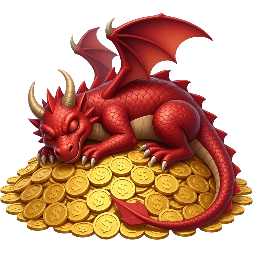 bad red dragon sleeping on a mount of coins emoji
