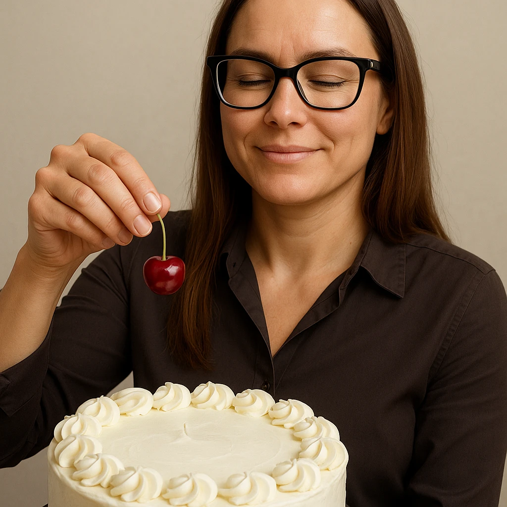 Create a hyperrealistic woman similar to the reference photo, holding a cherry ready to place on a cake as the final touch. She has a satisfied or pleased expression. The environment is neutral with detailed and refined features. Maintain the realistic style as in the reference. emoji