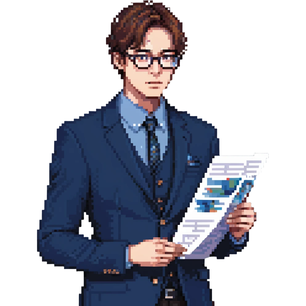 Flat pixel art, focused and reserved male architect, American, Caucasian features, short sleek brown hair, wearing glasses, intense sharp eyes, wearing a deep indigo suit jacket over a black shirt, holding a blue print, waist-up, front-facing emoji