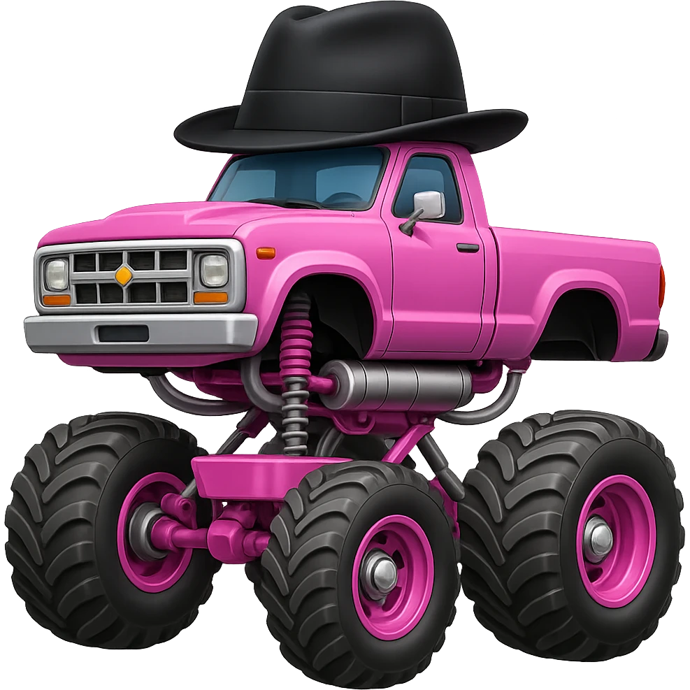 Big car monster truck, apple style emoji, pink, with a hat emoji
