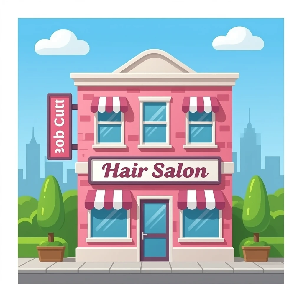 Pink building Bob cut  signboard name Hair Salon emoji