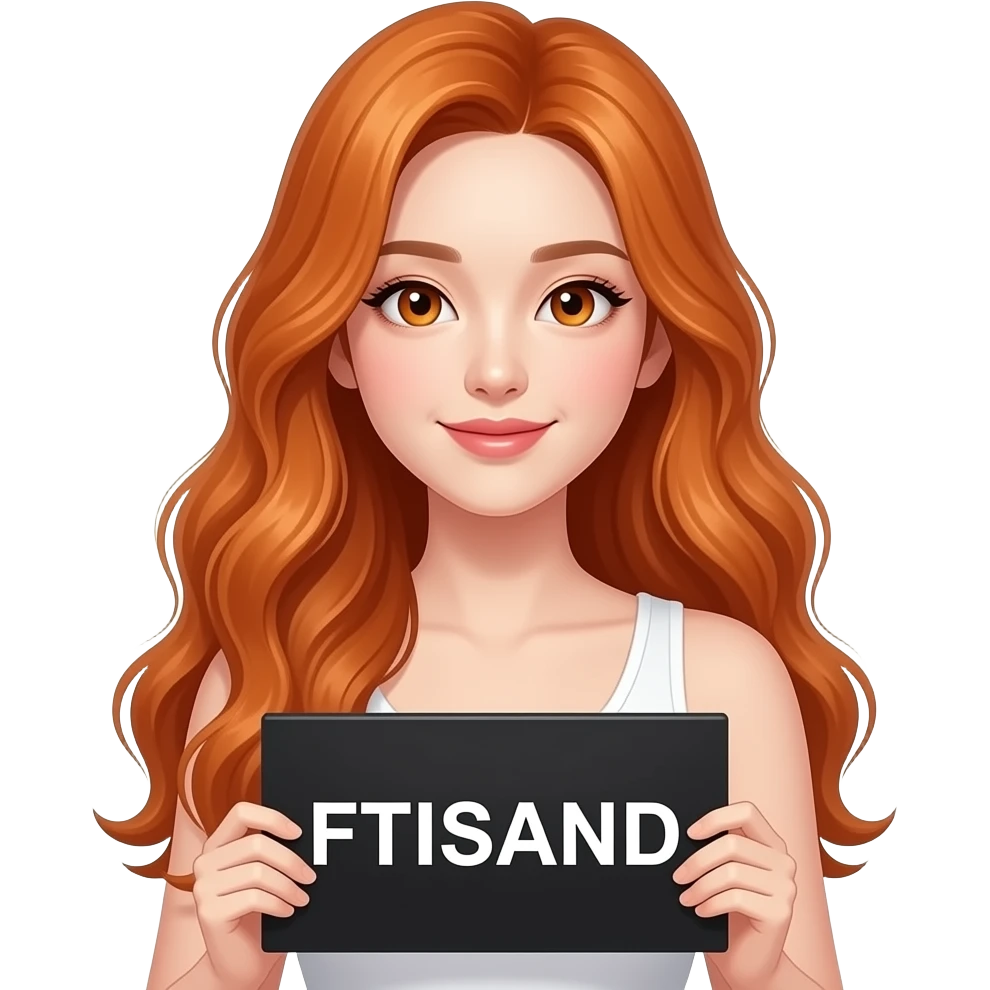 sexy girl with long wavy ginger hair and ginger eyes wearing a white tanktop is holding a black colored sign with FTISLAND written on it emoji