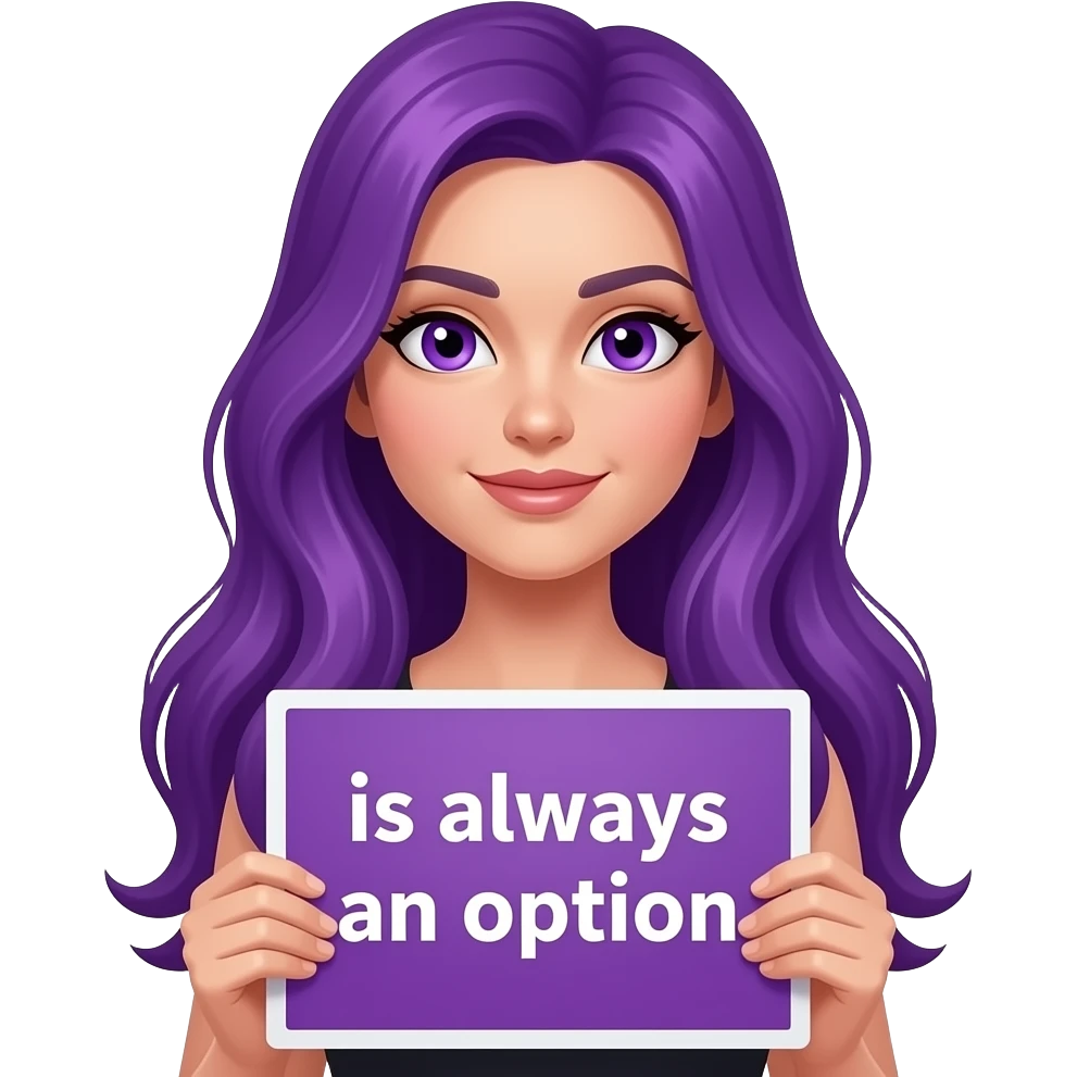 sexy girl with long purple hair and purple eyes holding a -PURPLE- is always an option sign emoji
