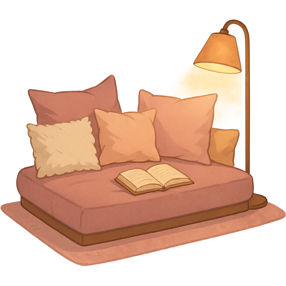 pink cozy reading nook with pillows and a lamp, warm and inviting emoji