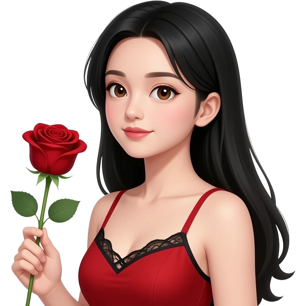 Asian girl with black long hair, pretty brown siren eyes, a red dress, thin strap, with the top of a black bra showing laced, make her look attractive  have her head tilted to the side holding a blood red color rose make her look 15 years old put a tiny black mole in the middle of her chin emoji