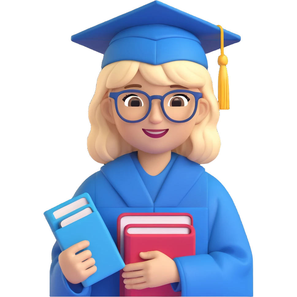 memoji of a college student, wearing glasses, holding books, cheerful, modern hairstyle, wearing a graduation cap emoji