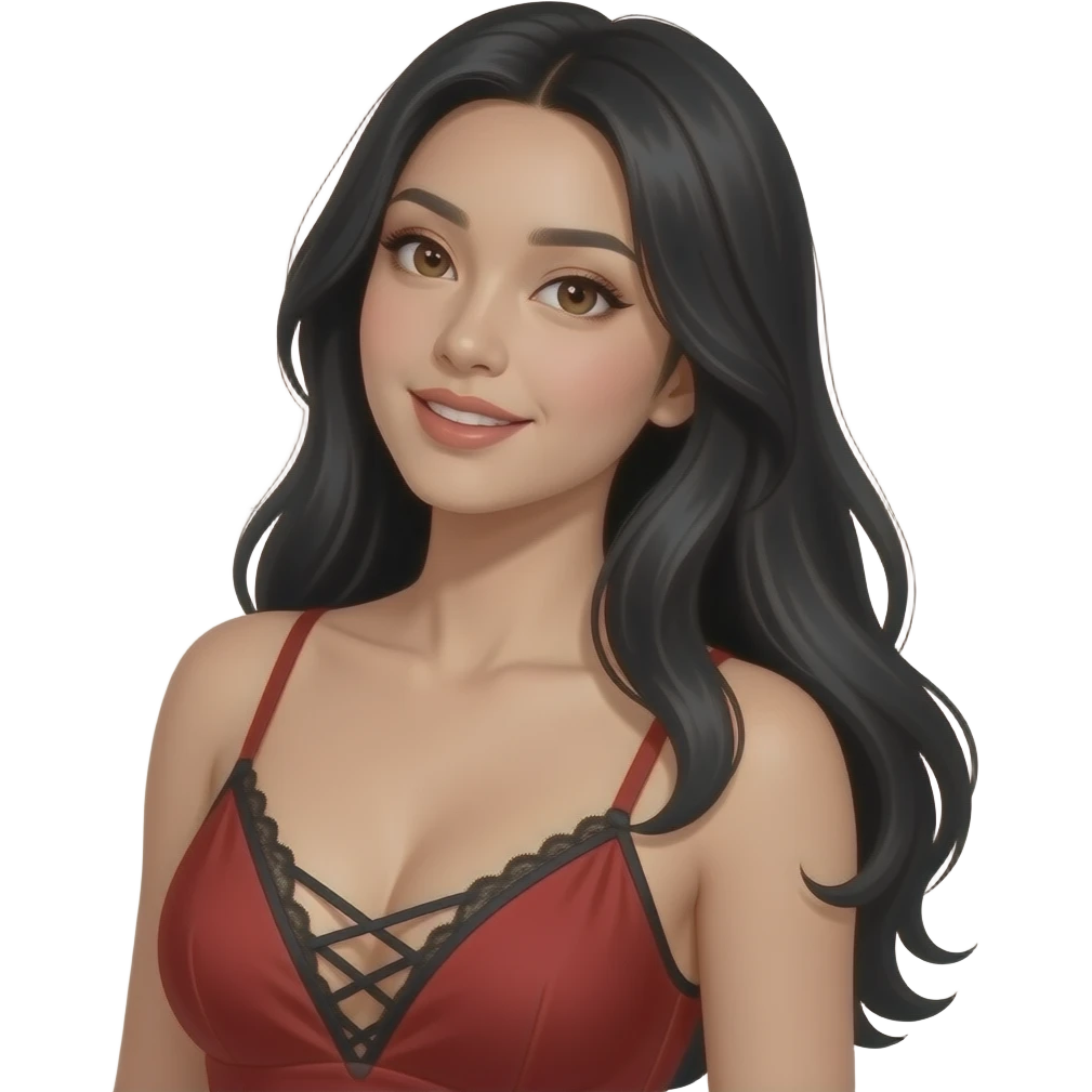 Asian girl with black long hair, pretty brown siren eyes, a red dress, thin strap, with the top of a black bra showing laced, make her look attractive  have her head tilted to the side emoji