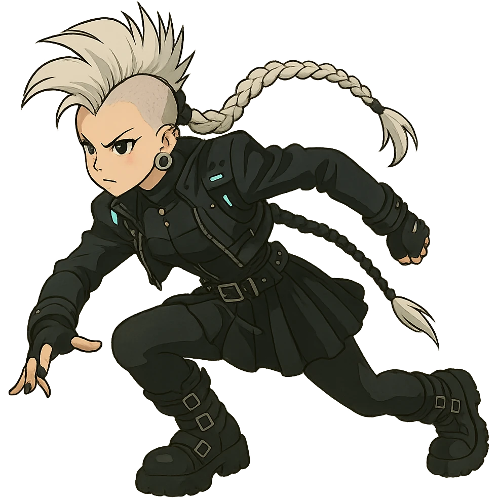 1 female, cyberpunk, mohawk white hair, 1 long braid, cybergoth, gothic style, action pose, style of anime emoji