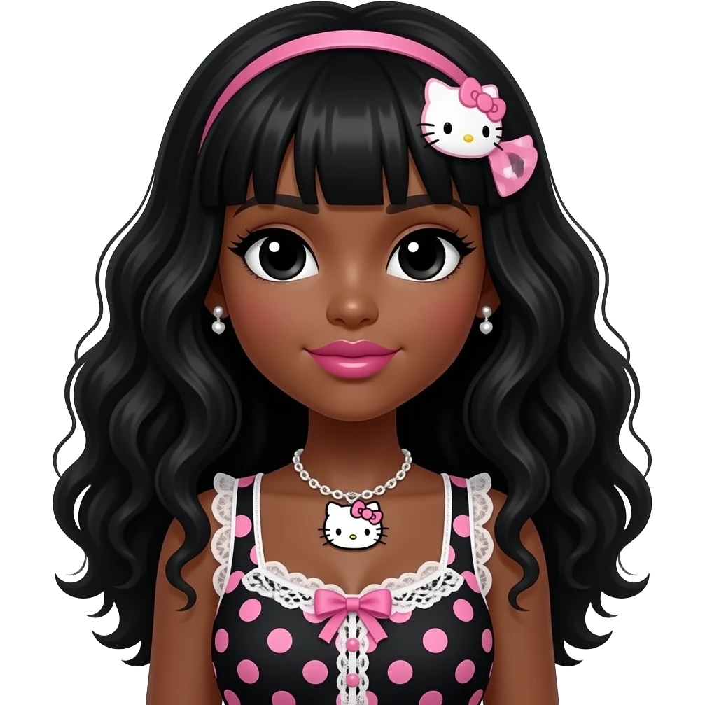 black girl, pink lips, my melody hairclip, dark brown skin, Doll faced shaped, hello kitty necklace, bimbo, black doll eyes, Big lips, long curly black hair, with white or black lace pink polka dots with gyaru sleeveless shirt, with big breast emoji
