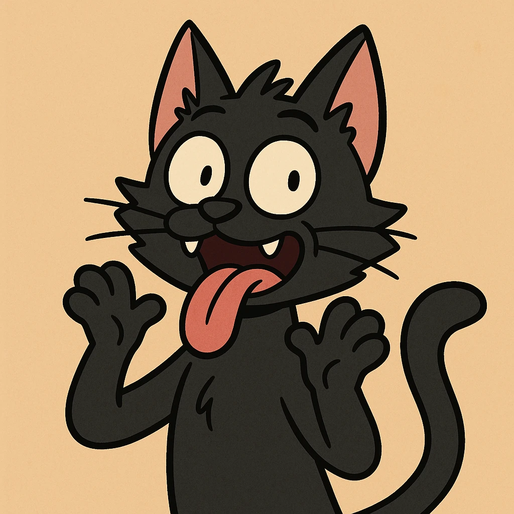 a black cat making a silly face, playful style emoji
