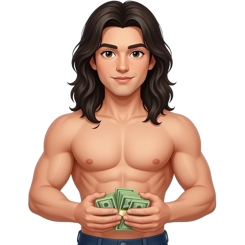 rich muscular shirtless twink with extremely long dark hair holding money emoji