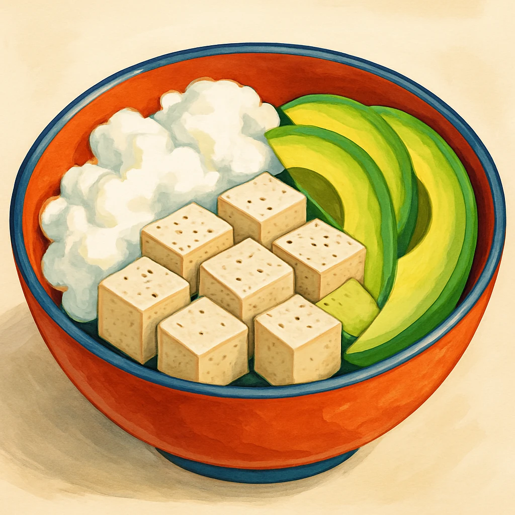 a bowl containing egg whites, tofu cubes, and avocado slices, food illustration emoji