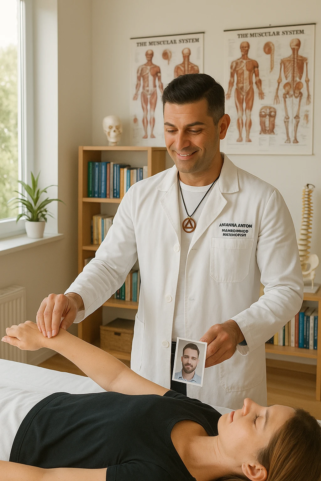 a middle-aged man, dressed in casual professional attire, is in a bright, organized therapy studio. Durante una visita di kinesiologia, il praticante tiene con una mano la foto di una persona lontana (il “testimone”) appoggiata su un tavolo, mentre con l’altra mano esegue un test muscolare su un cliente presente. Sullo sfondo si vedono libri di kinesiologia, poster anatomici e strumenti tipici della disciplina. L’atmosfera è concentrata e serena, con luce naturale che entra dalla finestra, sottolineando l’aspetto alternativo e umano della pratica. emoji