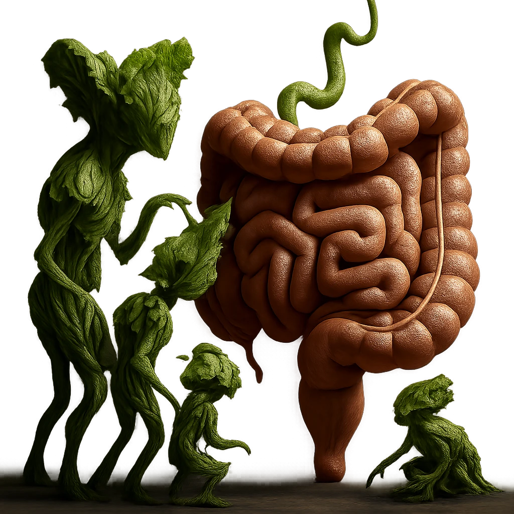 Ultra-realistic 4K illustration: stylized lettuce leaves depicted as plant-like creatures interacting with a human anatomical model of the intestine. The scene is surreal and scientific, with organic textures, refined biological details, dramatic lighting, and a bio-fantasy photorealistic style emoji