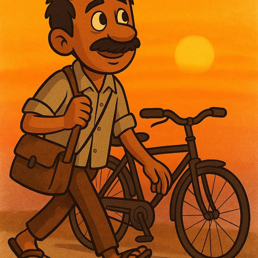 Add a simple cartoon bicycle for the poor Indian father with mustache, as he walks to work at dawn, keeping the stylized cartoon look and hopeful expression. emoji