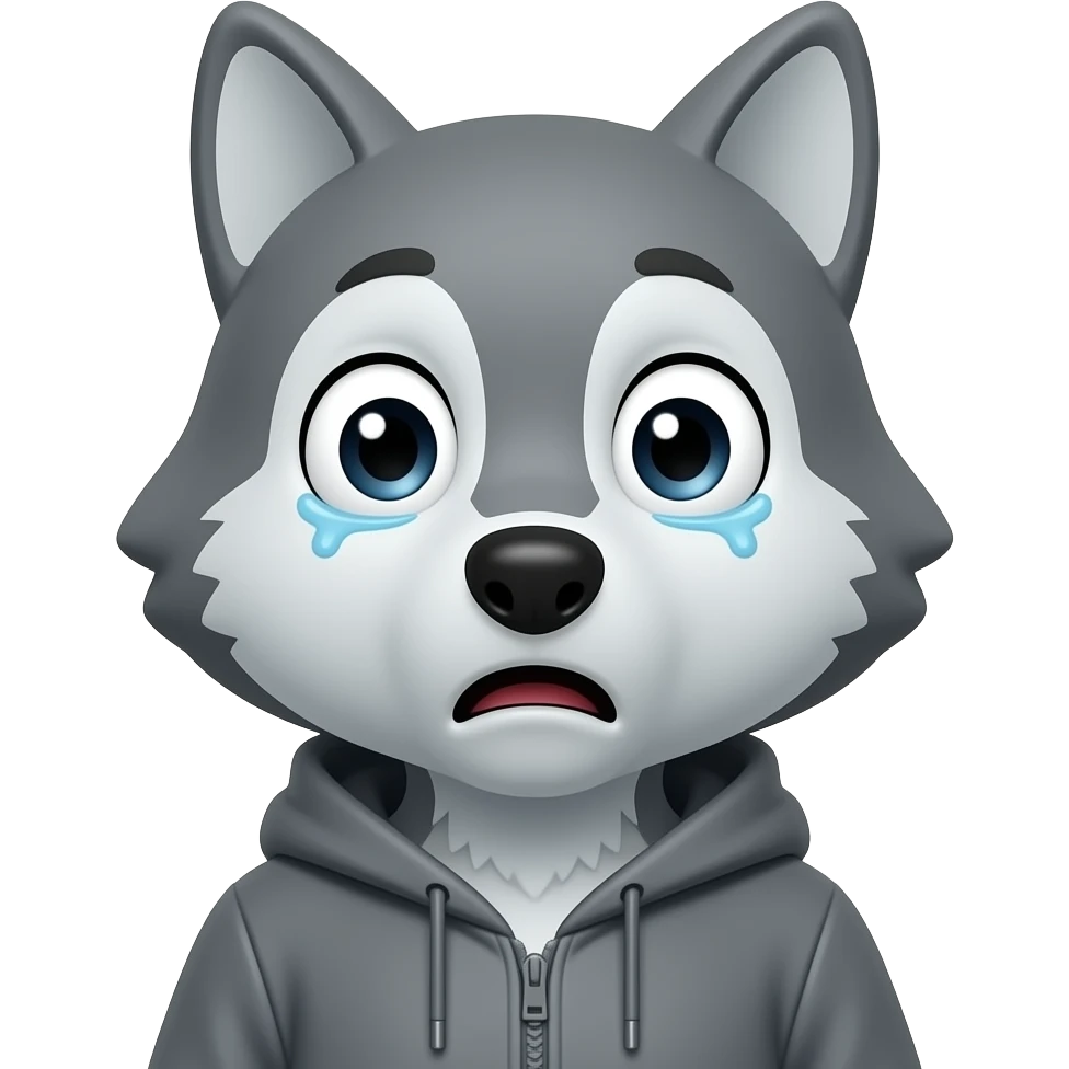 A little gray wolf shaped like a little human, dressed in gray, looking at us because he's very alarmed with no tears in its eyes. emoji