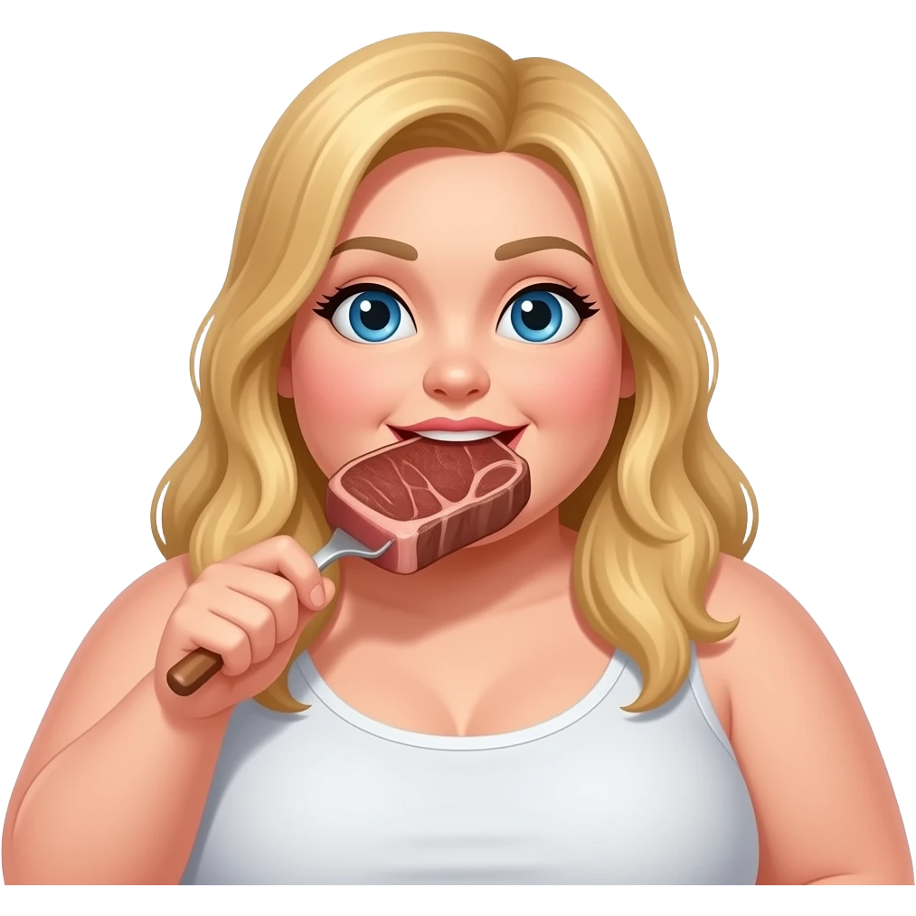 a fat blonde women with blue eyes devouring a steak emoji