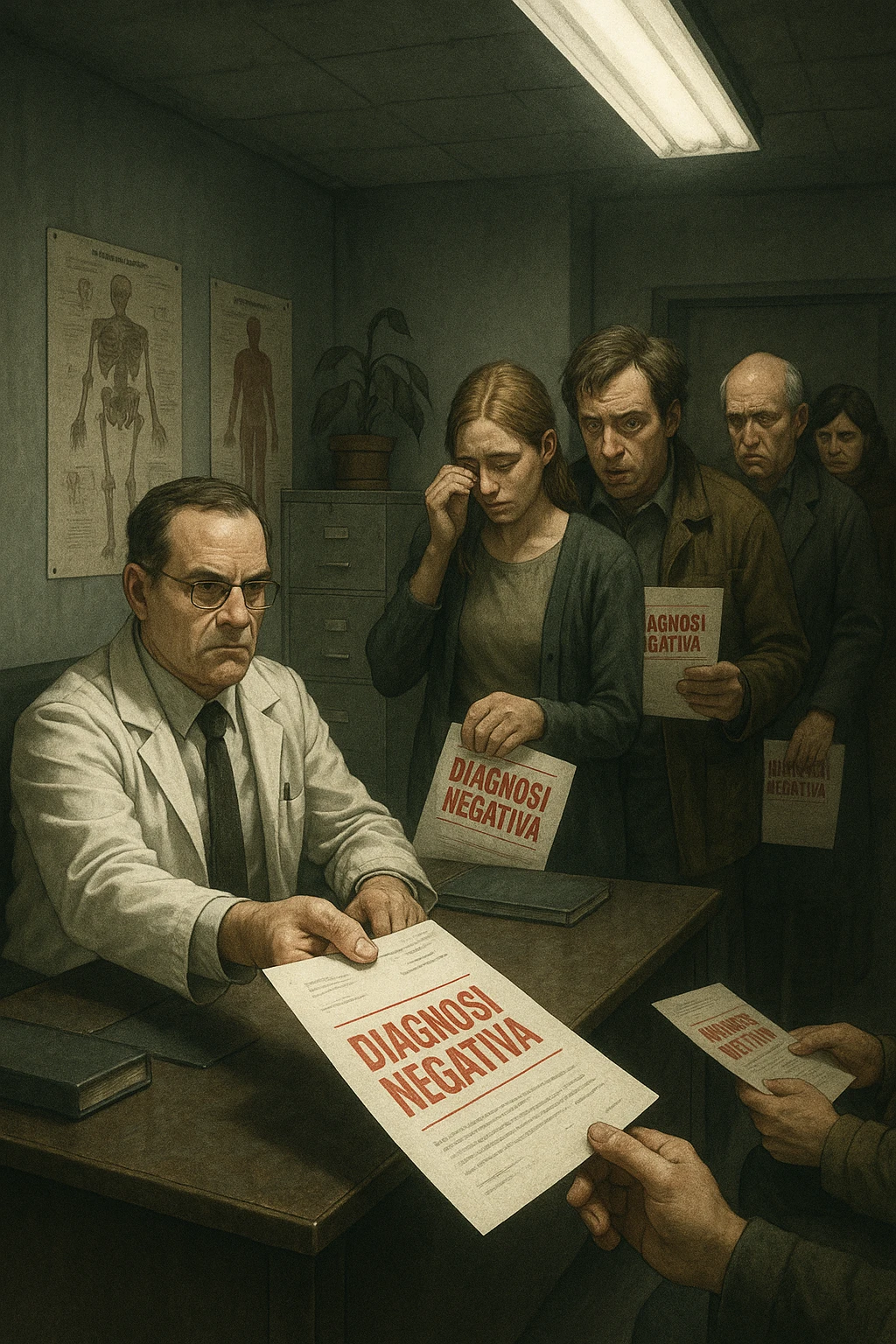 A realistic, cinematic illustration set in a dull, grey-toned medical office. A middle-aged male doctor in a white coat with a stern, cold expression is seated at his desk, handing out medical reports with large red ‘Negative Diagnosis’ stamps to each patient in line. The patients, of various ages and appearances, stand in a line, each looking increasingly sad, defeated, and demoralized as they receive their papers, with slumped shoulders and empty gazes. One young woman wipes away a tear, while a man stares at the paper in shock. The background shows medical posters, a faded plant, and harsh fluorescent lighting, emphasizing the cold, mechanical environment. The mood is heavy, illustrating how negative diagnoses delivered without empatia can deeply affect the mental health and morale of patients. The style is realistic, with subtle filmic grain, emphasizing emotional impact and the weight of medical words on people’s lives. in italiano emoji