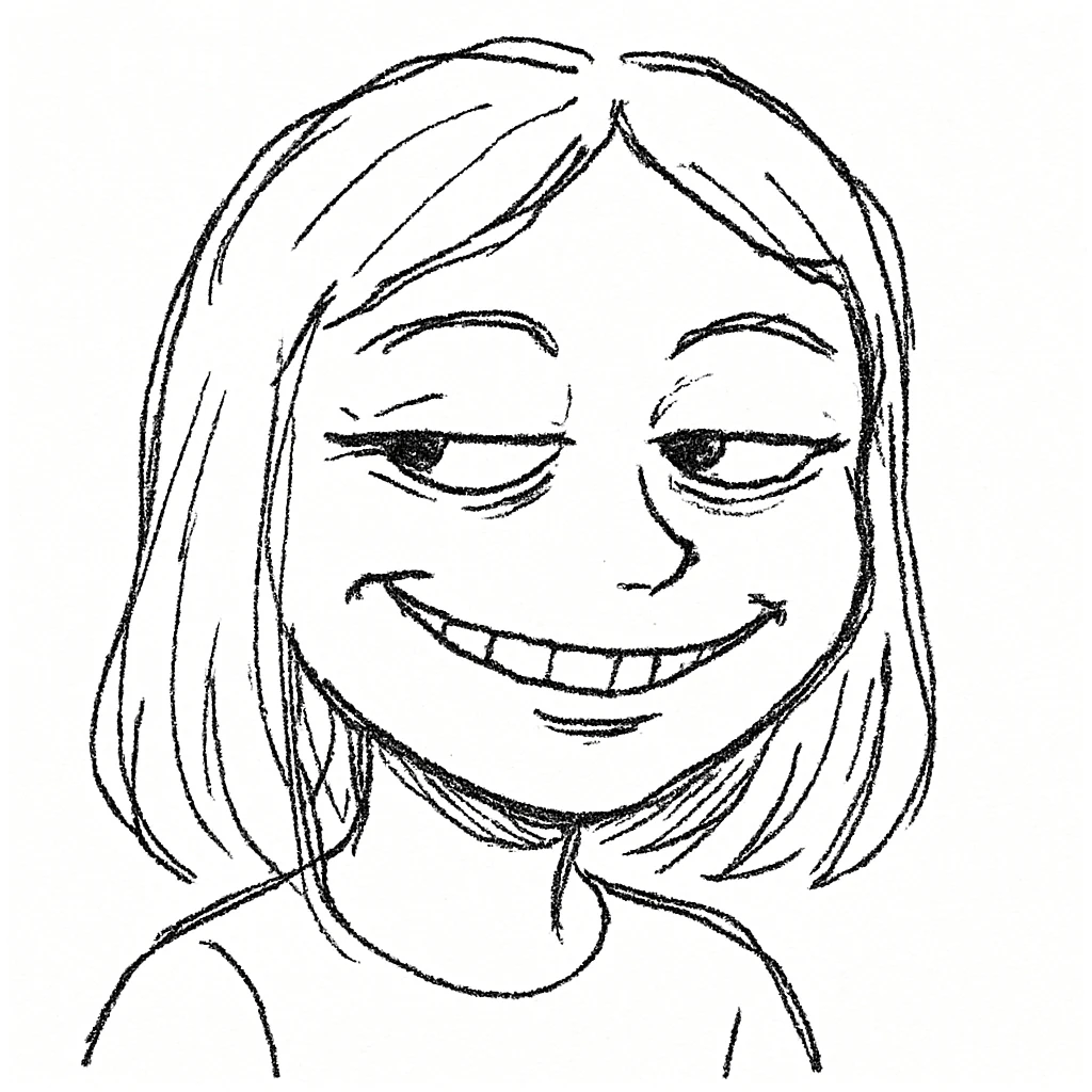 smiling girl meme parody with sly smile, background inspired by wojak meme emoji