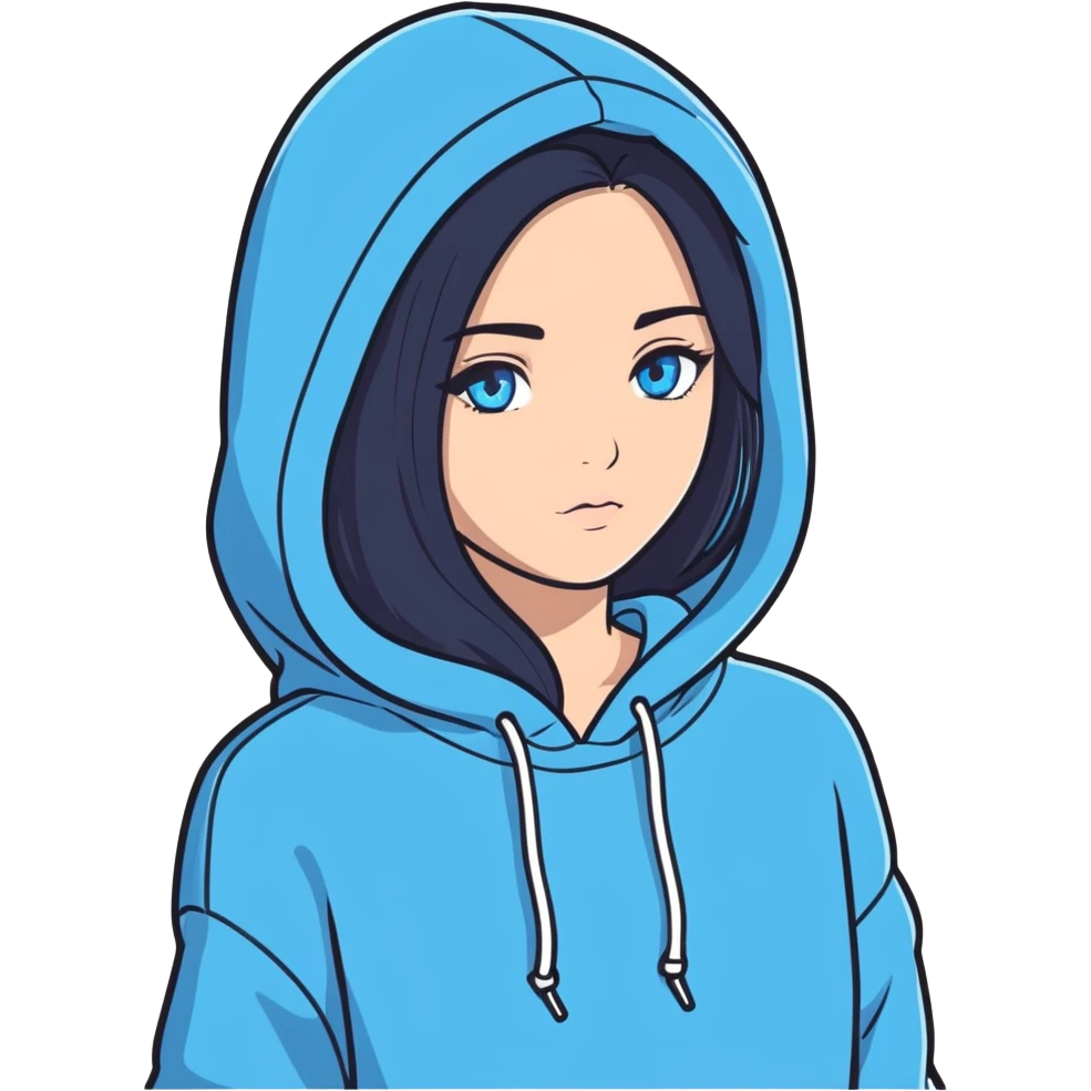A girl with long black hair and blue eyes with a hoodie on  emoji