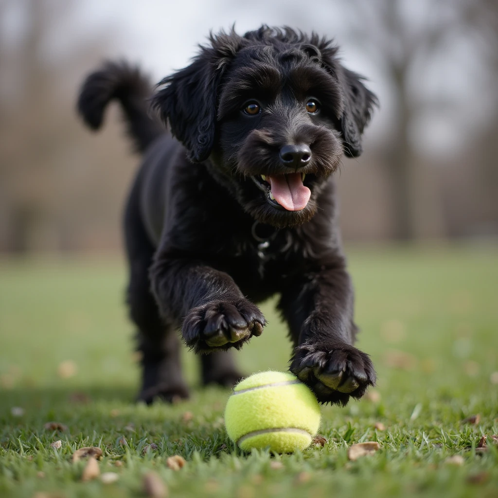 photorealistic black doodle dog playing with a tennis ball outdoors, accurate details emoji