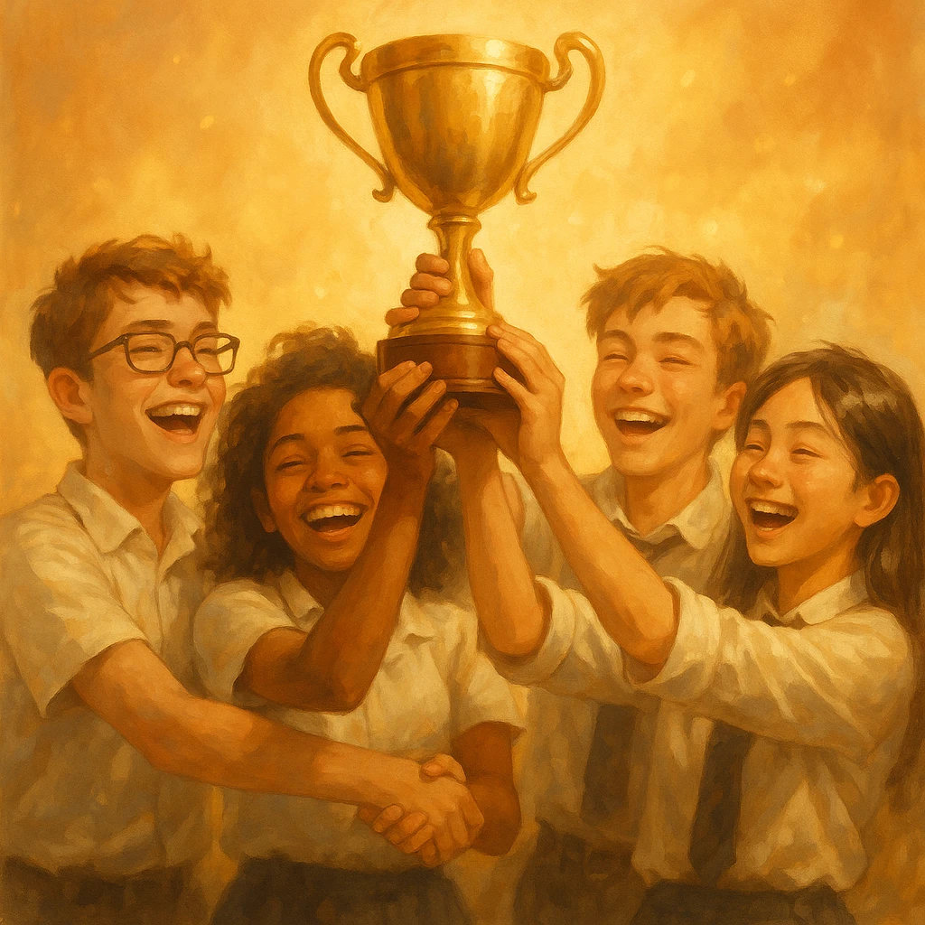 four students lifting a trophy, warm atmosphere, semi-realistic style, golden light, joy emoji